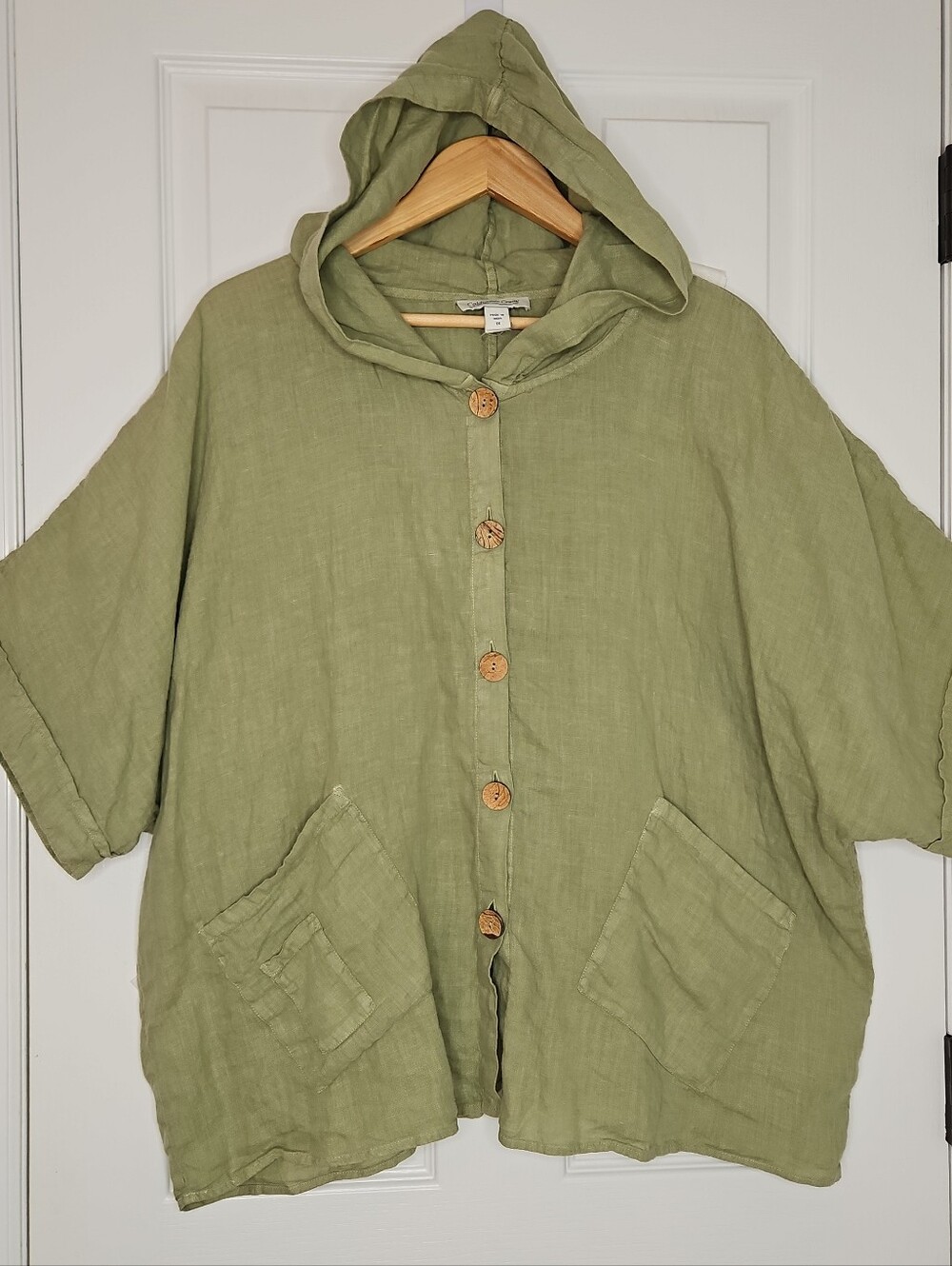 Artsy Linen Swing Top Jacket Ren Faire Sage Green 1X Plus Hooded Wood Buttons